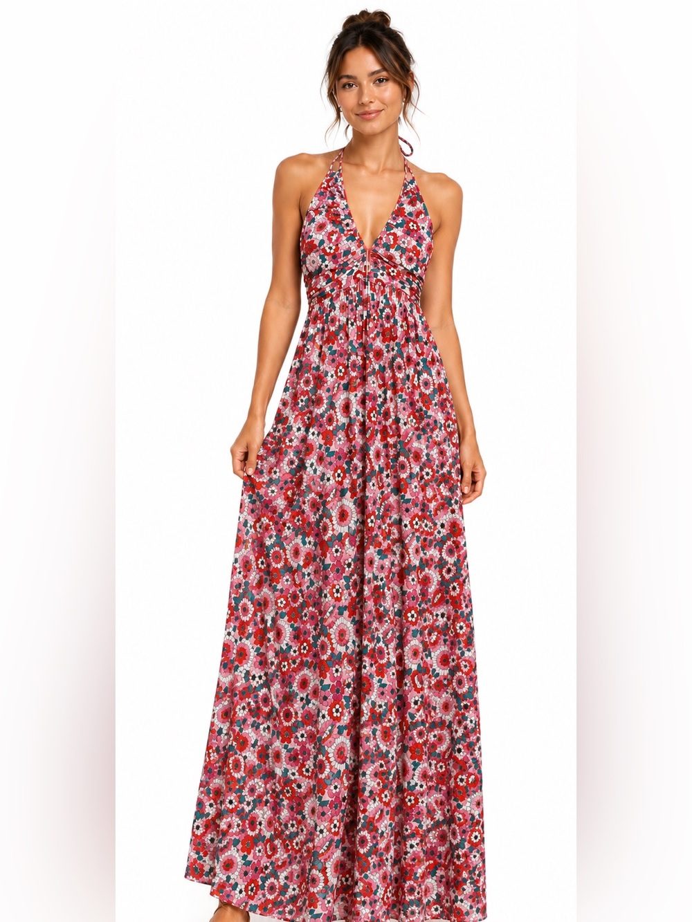 Antik Batik Floral Halter Maxi Dress XS 36 Pink Boho 100% Cotton Smocked Back